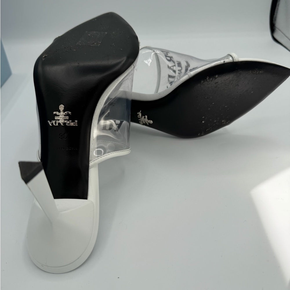 Prada Clear PVC Logo Mule Heels White Pointed Toe Size 38 Italy - Picture 5 of 9